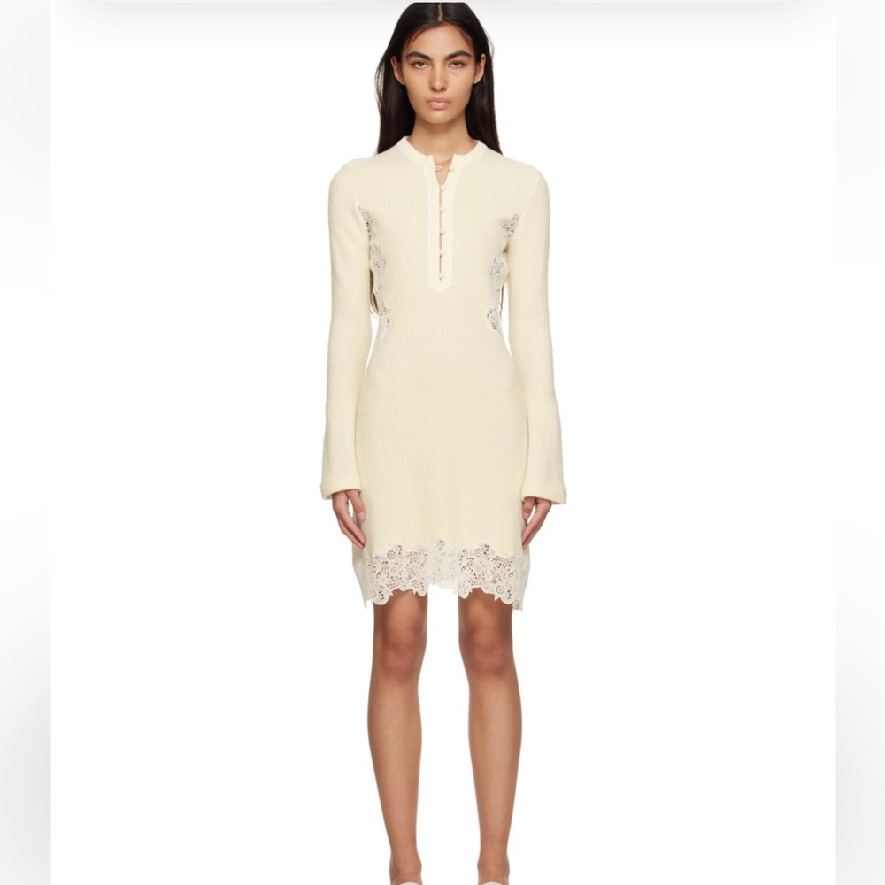 Chloé Cream Knit Long-Sleeve Lace-Trim Dress